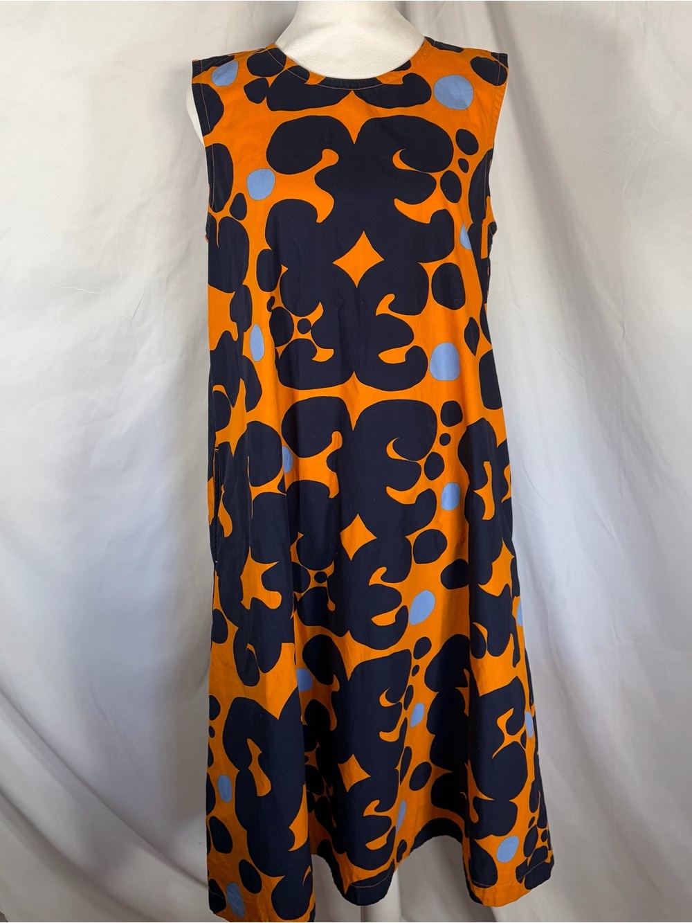 Marimekko Uniqlo Sleeveless A-line Abstract Print Dress Orange/Navy Blue Medium